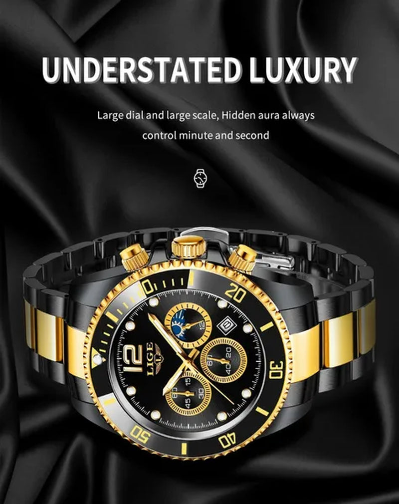 LIGE Luxury Elegant Stainless Steel Quartz Watches 3 ATM Waterproof Mens Wristwatch