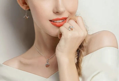 Fashion 925 Sterling Silver Queen Bee Crystal Gemstone Cubic Zirconia Ring Earrings Necklace Bracelet Jewelry Set CZ Charm Women Bridal Engagement Wedding Jewelry Set Gift