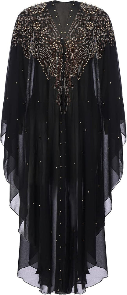 Muslim Dress for Women Loose Batwing Sleeved Hooded Beaded Embroidery Long Abaya Dress Kaftan Abayas Islamic Robe