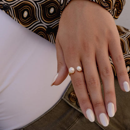 18K Gold Plated Freshwater Cultured Pearl Ring Gold Knuckle Rings Two Pearls Open Midi Ring Open Cuff Wrap Band