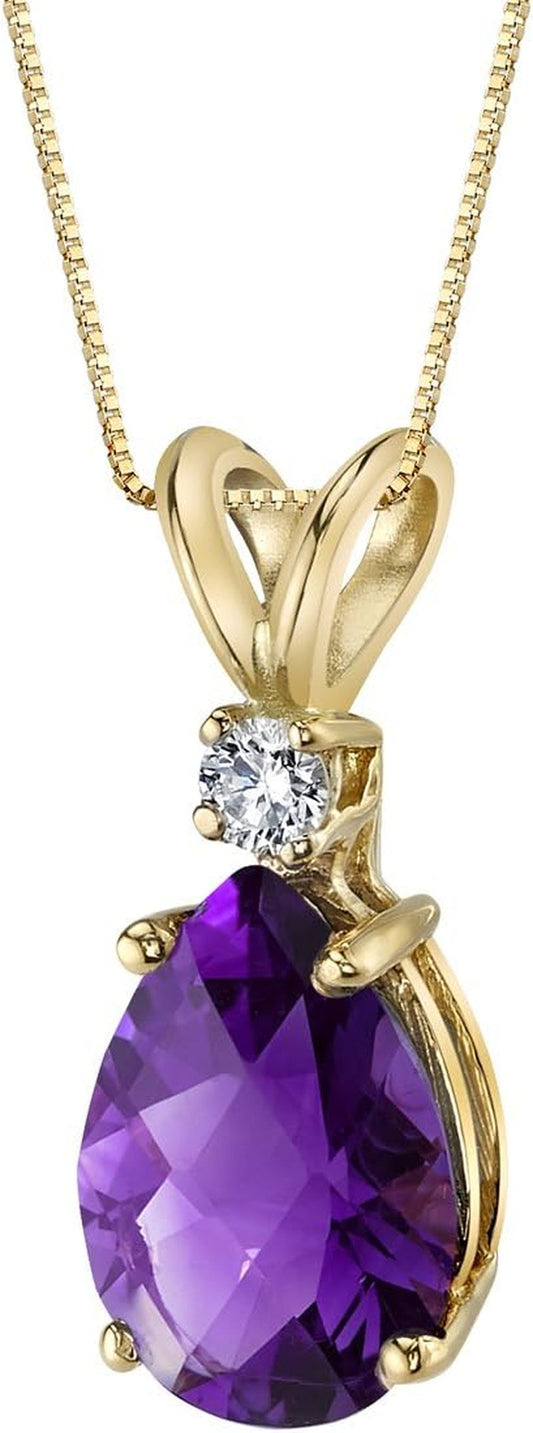 Solid 14K Yellow Gold Amethyst with Diamond Pendant for Women, Genuine Gemstone Teardrop Solitaire, 1.60 Carats Total, Pear Shape, 10X7Mm, Real Amethyst Necklace, February Birthstone Necklace