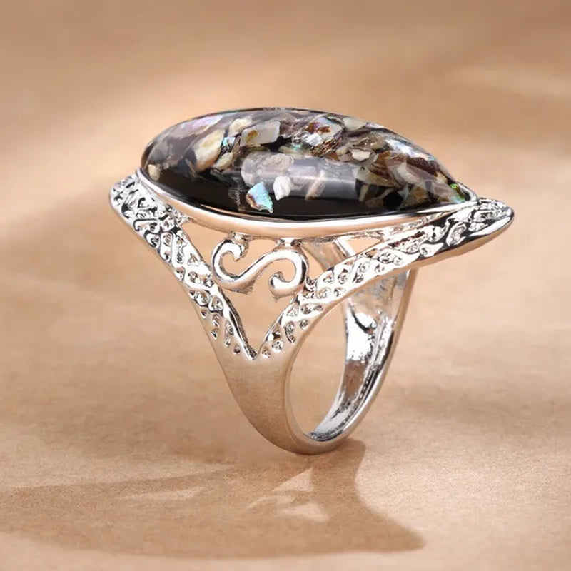 Vintage Jewelry Magic Natural Shell Silver Ring Ancient Silver Carved Big Ring Couple Antique Jewelry  Sterling Silver Bride Wedding Engagement Vintage Men Ring Gift Aneis Feminino Bijoux