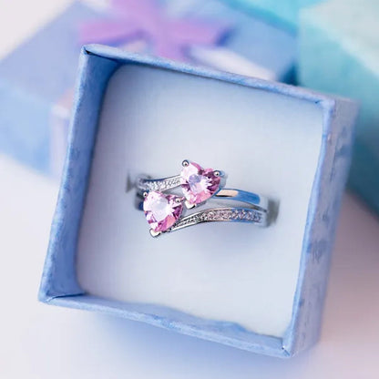 Fashion Elegance Silver Color Double Heart-Shaped Zircon Birthstone Bridal Princess Wedding Engagement Party Ring Size 5-11