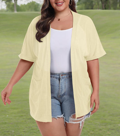 plus Size Lightweight Cardigan for Women Summer Sheer Short Sleeve Cardigan with Pockets Beach Cover Up