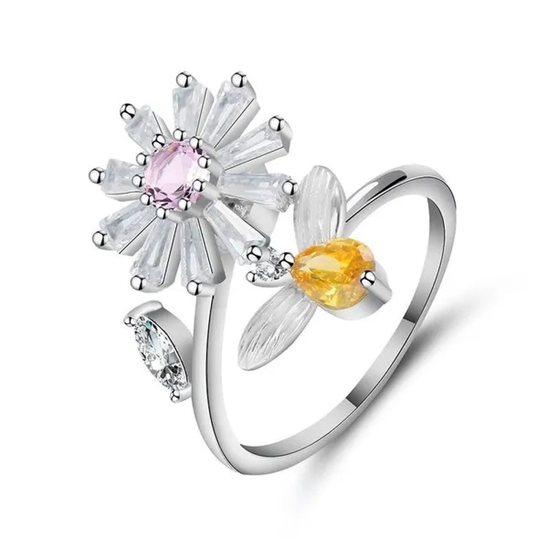 Flower Bees  Silver Multicolor Creative Sweet Cute Princess Rings Daisy Opening Ring Adjustable Ring Anniversary Statement Natural Gemstones Pink Sapphire White Sapphire Ring
