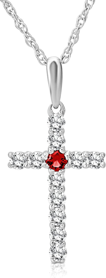 10K Gold or Silver Lab Created Ruby and Diamond Cross Pendant with Sterling Silver Rope Chain Necklace Valentine’S Gift for Her (1/4 Cttw, I-J Color, I2-I3 Clarity) 18"