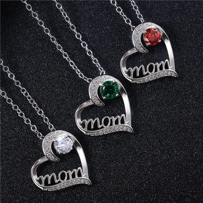 Love Mum Silver Plated Ruby MOM Character Emerald Necklace Jewelry Family Birthday Best Gift for Mother Mummy Party Wedding Band Necklace Christmas Gift