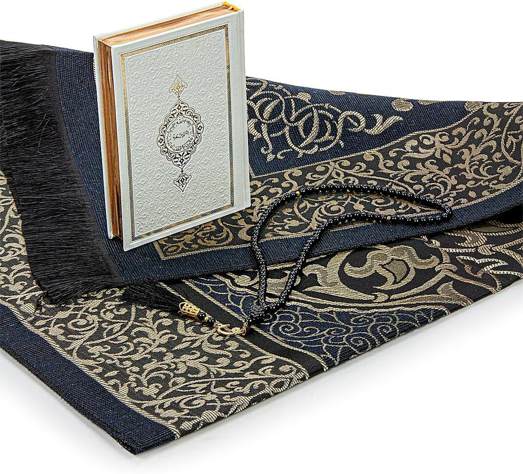 Muslim Prayer Rug and Quran with Prayer Beads, Kaaba Decor Box, Islamic Gift for Women & Men, Elegant Islam Set for Ramadan, Eid, Umrah, Birthday, Travel