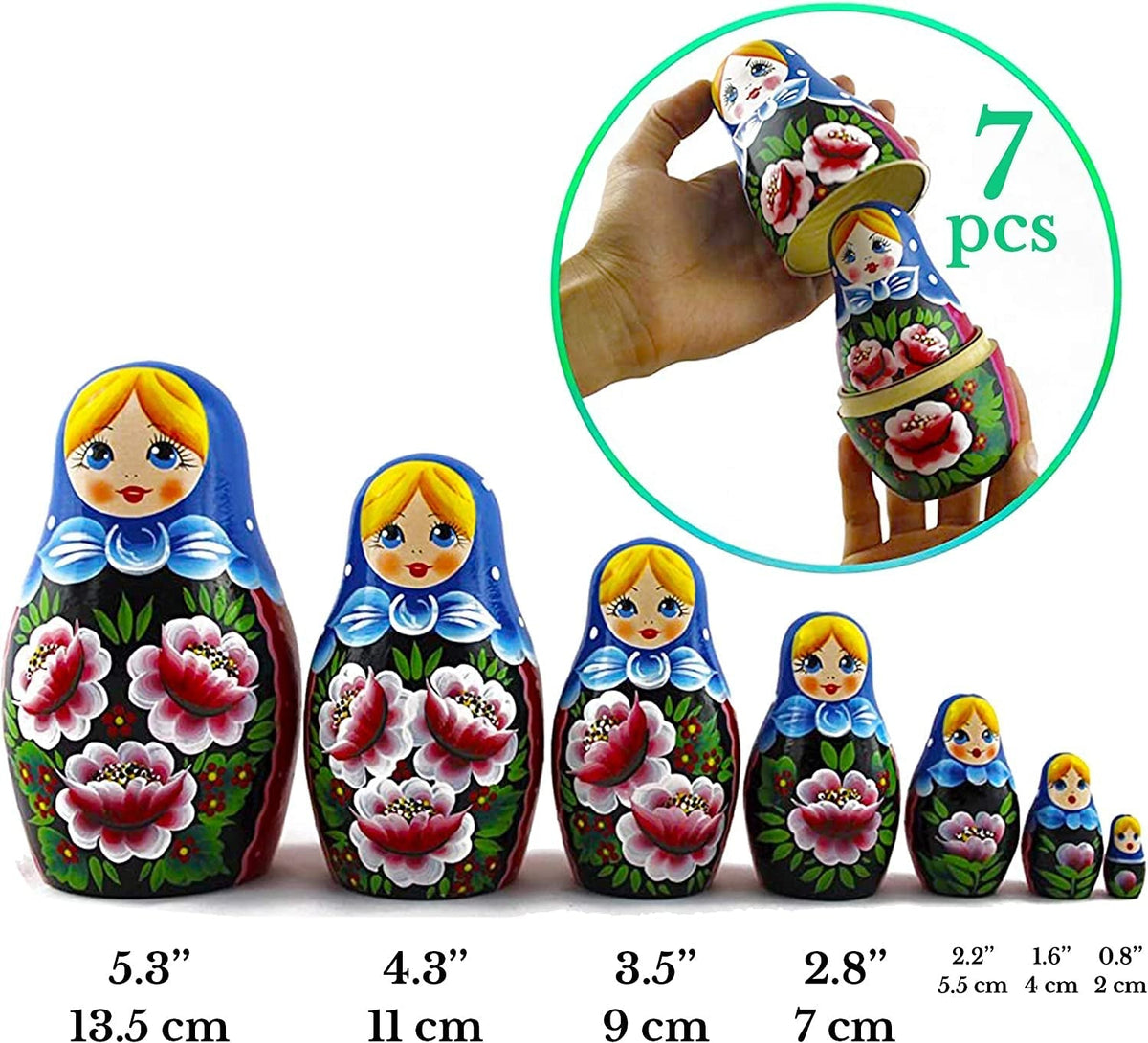 Nesting Babushka Dolls - Handmade Rose Hand-Painted - Matruska Stacking 7 Dolls - Munecas Rusas - Home Decor Decorations