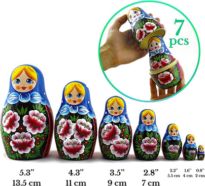 Nesting Babushka Dolls - Handmade Rose Hand-Painted - Matruska Stacking 7 Dolls - Munecas Rusas - Home Decor Decorations