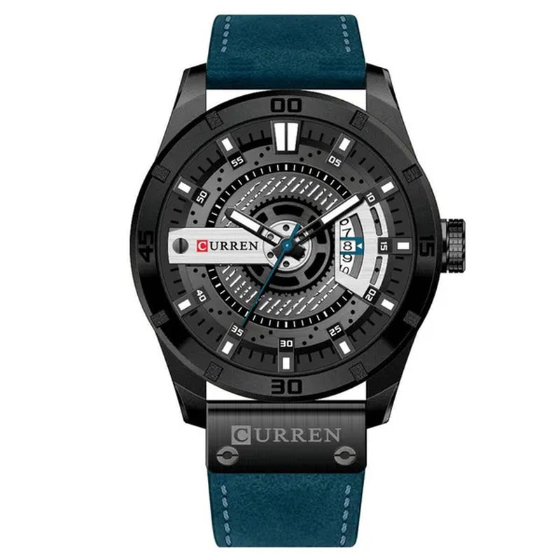 CURREN Men Watch Army Military Sports Watches Black Case Leather Strap Waterproof Date Function
