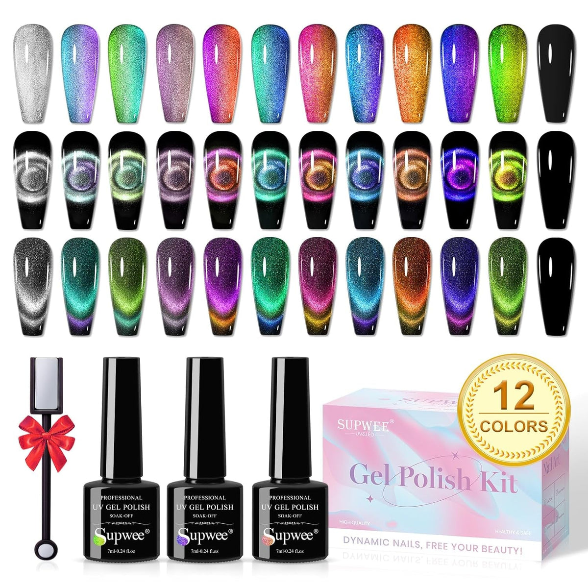 Magnetic Cat Eye Gel Nail Polish Set, 12 Colors 9D Cateye Nail Gel Polish Holographic Glitter Magnetic Gel Polish Soak Off Lamp Gel Nail Art Manicure Kit