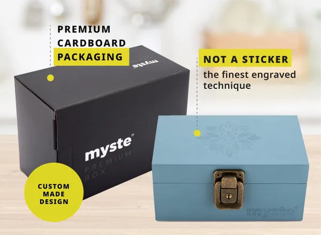 MYSTE BLUE MANDALA Stash Box Smell Proof Set, Grinder Large 2.5'' (63mm), Premium Combo Stashbox Kit, Wooden With Accessories