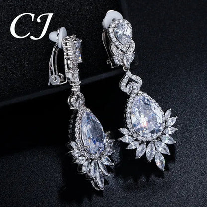 CANDICE Gorgeous Women Japanese Wedding CZ Non Hole Clips on Earrings Inlay Water Drop Clear Crystal Luxury Bridal Ear Jewelry Without Piercing