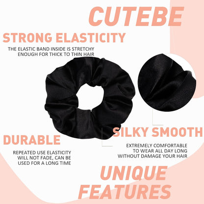 8 Pack Hair Ties Silk Scrunchies for Women Soft Satin Hair Scrunchies Elastic Hair Ties No Damage Ponytail Holders Rubber Bands Hair Accessories Gifts (Black (8 Pack))