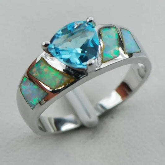 Aquamarine White  Opal 925 Sterling Silver Fashion Ring Size 6 7 8 9 10 R1293