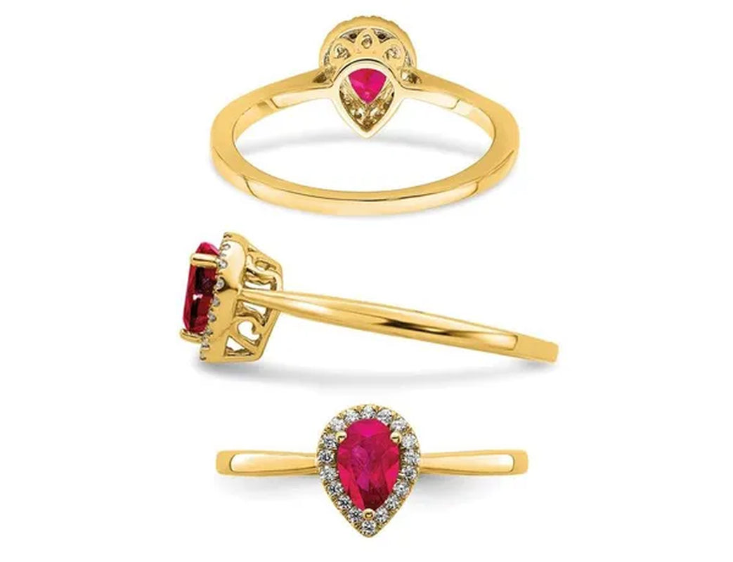 1/2 Carat (ctw) Teardrop Ruby Ring in 14K Yellow Gold with 1/10 Carat (ctw) Diamonds