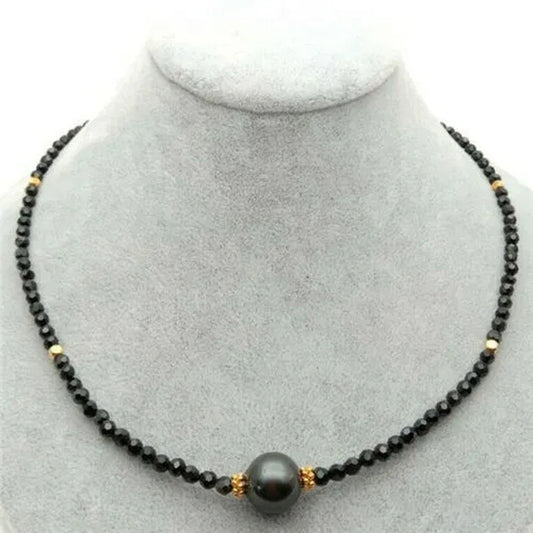18" Natural 4Mm Faceted Black Spinel Tahitian Pearl Necklace