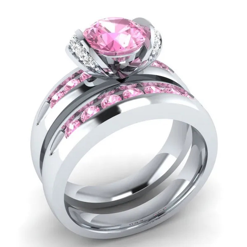 Natural Pink Sapphire & Diamond Round Cut Engagement Wedding 18 K White Gold Filled Ring
