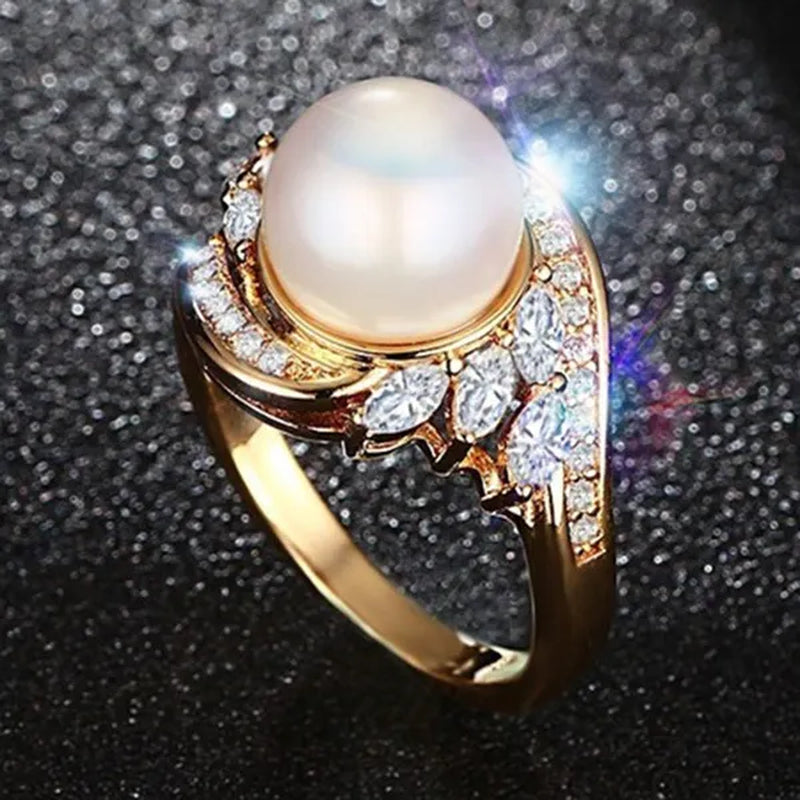 Gold Womens Girls Band Ring for Wedding Promise Engagement Copper Cubic Zirconia Freshwater Cultured Pearl Ring Size 5-12