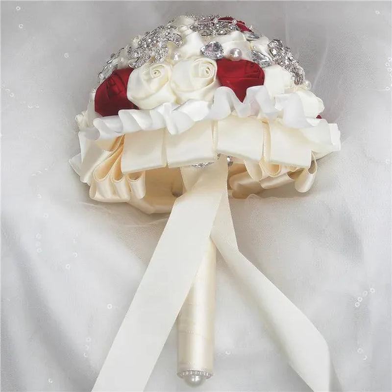 Bride wedding bouquet ivory gold rose flower crystal brooch bouquet flowers Diameter 18CM