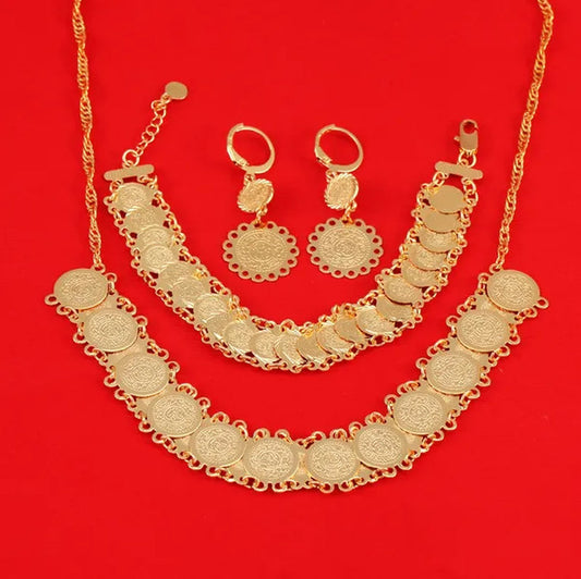Dubai Gold Plated Jewelry Set For Women African Ethiopian Jewelry Antique Coin Bracelet Earrings Necklace Set