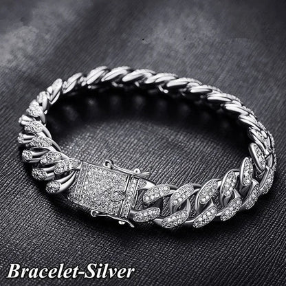 Gold/Silver Stainless Steel Hip Hop Jewelry Iced Out Rhinestone Thick Miami Cuban Link Chain Necklace Bracelet 7-28 Inch
