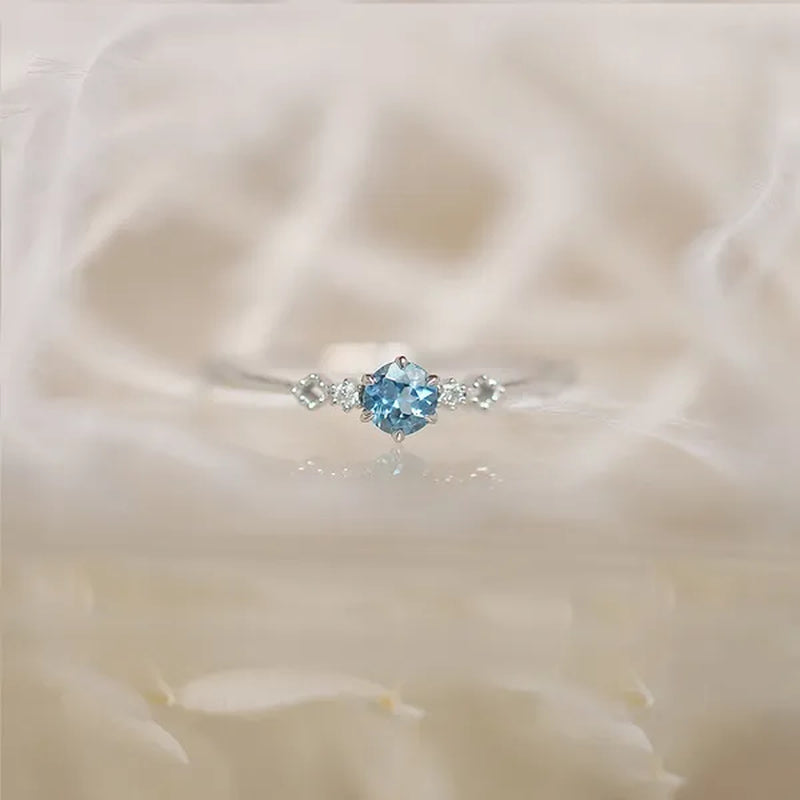 Women Dainty Silver Plated Skyblue Round Cut Aquamarine Diamond Natural Gemstone Ring Wedding Jewelry Gifts Size 5 6 7 8 9 10 11