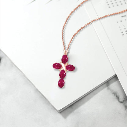 18K Rose Gold Plated Silver Red Ruby Cross Pendant Necklace for Women (3.00 Cttw, Gemstone July Birthstone, Oval 6X4MM, with 18 Inch Silver Chain)