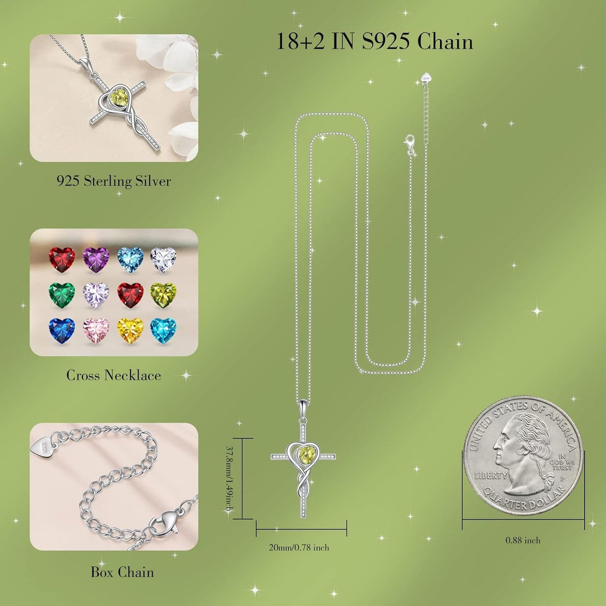 Mothers Day Necklace Cross Necklaces for Women Infinity Pendant Sterling Silver Religious Jewelry Pendant Necklace with Birthstone Moon Necklace with Heart Crystal Birthday Gifts for Women Girls