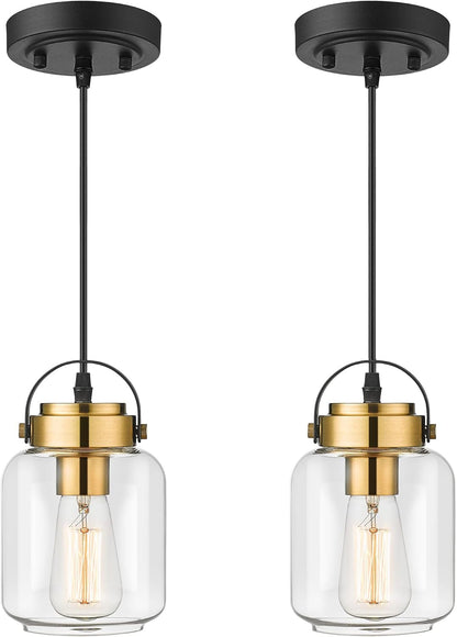 HWH Pendant Lights 2 Pack, Modern Glass Hanging Light Fixtures for Kitchen Island, Industrial Island Light for Dining Room, Bedroom, Schoolhouse, Black and Gold Finish, 5HZG61M1L-2 BK+BG