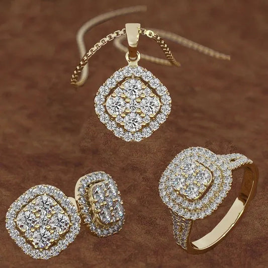 Beautiful Wedding Gift Set Classic Ladies Wedding Jewelry Set Earrings + Pendant Necklace + Ring Bridal Engagement Accessories Ring Size 5-11