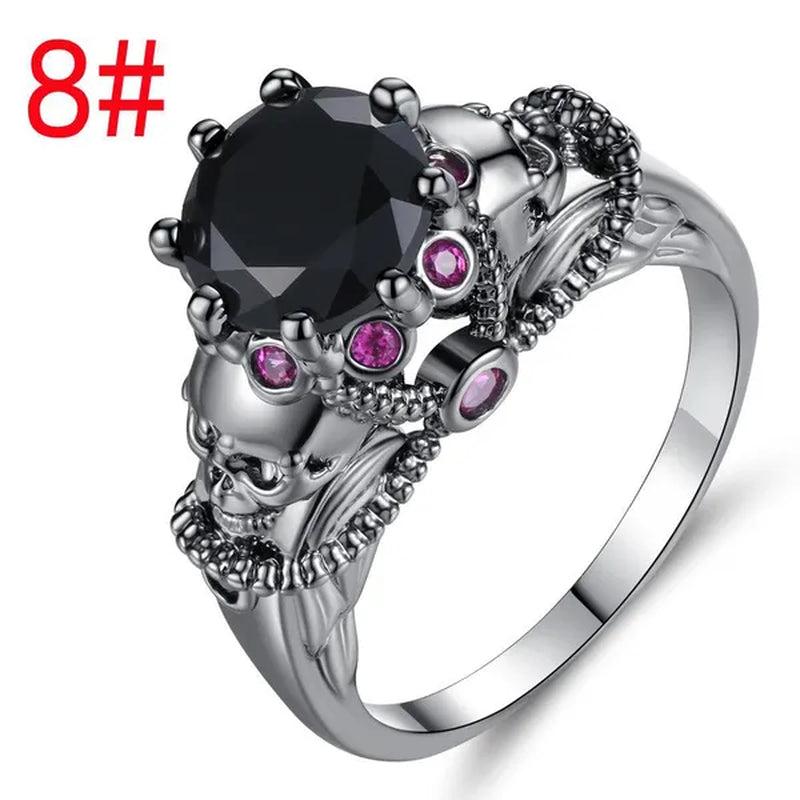 Gothic Style Sterling Silver Skull Ring Black Sapphire/Rainbow Crystal Diamond Punk Jewelry Proposal Birthday Gift Bridal Engagement Band Rings for Men Women Bride Size 6-9