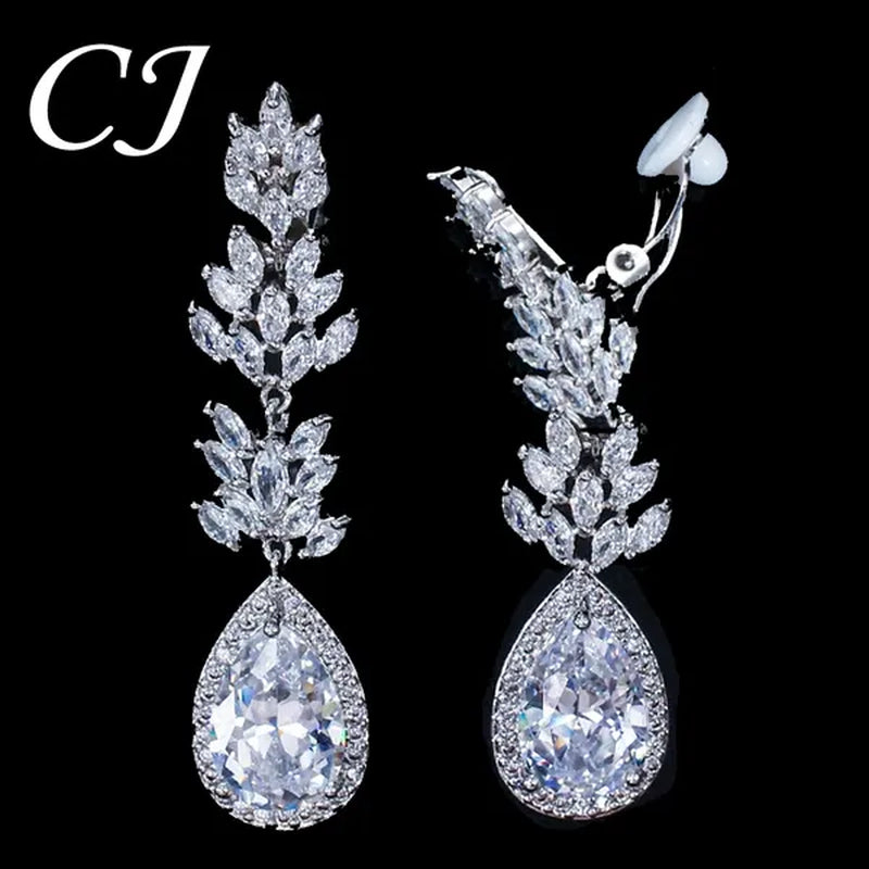 CANDICE Classic Design Water Drop Women Non Hole Ear Jewelry Setting Clear Leaf Zirconia Crystal Comfortable Clip On Earrings Without Piercing