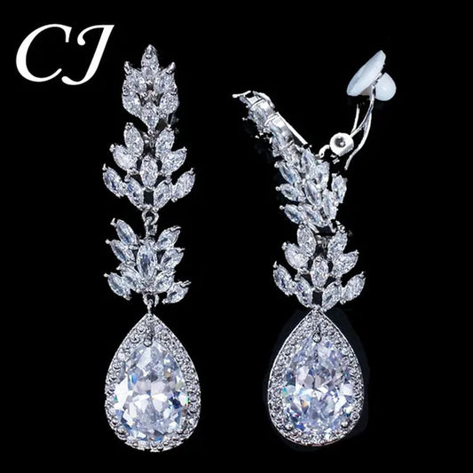 CANDICE Classic Design Water Drop Women Non Hole Ear Jewelry Setting Clear Leaf Zirconia Crystal Comfortable Clip On Earrings Without Piercing