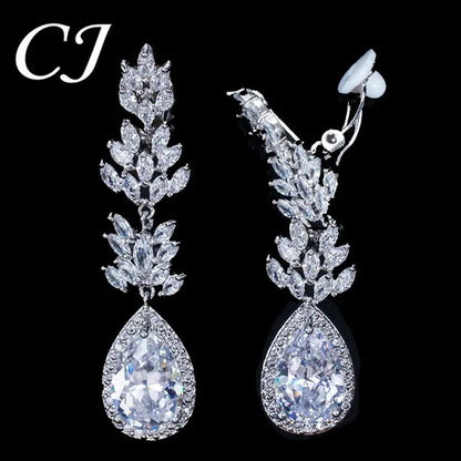 CANDICE Classic Design Water Drop Women Non Hole Ear Jewelry Setting Clear Leaf Zirconia Crystal Comfortable Clip On Earrings Without Piercing