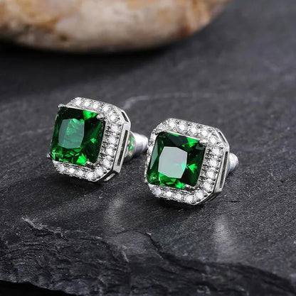 Fashion Jewelry 925 Sterling Silver Emerald Ear Studs Diamond Earrings