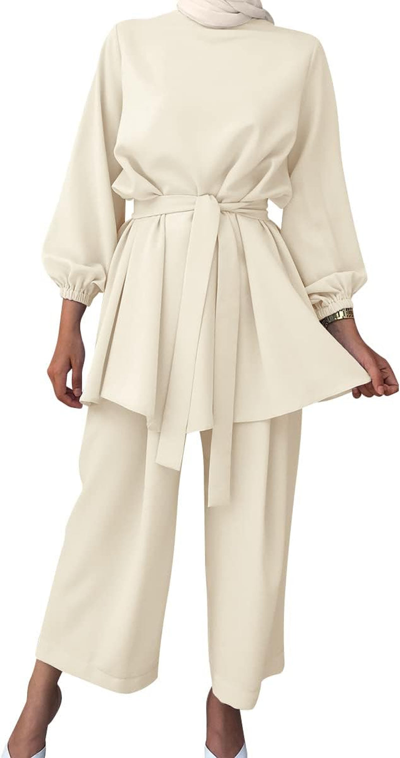 Abayas for Women Muslim Long Sleeve Loose Top Pants 2 Pcs Dubai Islamic Muslim Clothes