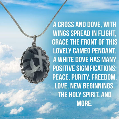 Dove with Cross Cameo Pendant | 925 Sterling Silver | Religious Jewelry | 24'' Chain | Gift Boxed, Silver, White