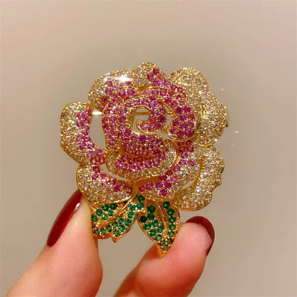 French Retro High-End Full Diamond Gradient Rose Gold Zircon Rose Flower Brooch Suit Pin Clothes Accessories