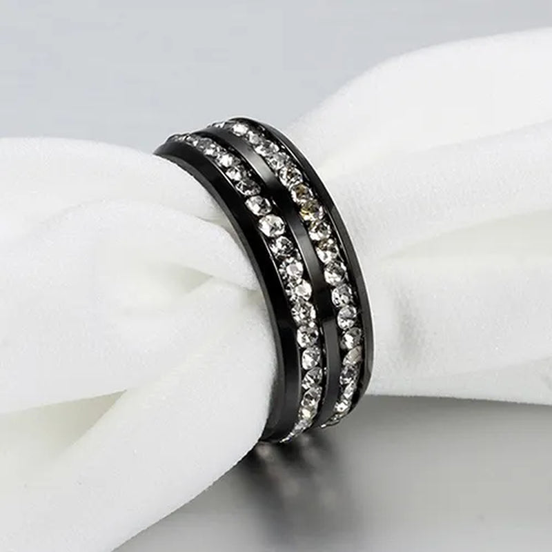 Womens Men's Fashion Double Rows Crystal gold silver black Titanium Steel Wedding Jewelry Ring 6-11