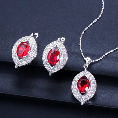 Gloriya Designer Silver Plated Jewelry Sets Inlaid Oval Red CZ Teardrop Pendant Necklace Earrings and Ring Set for Lady Fashion