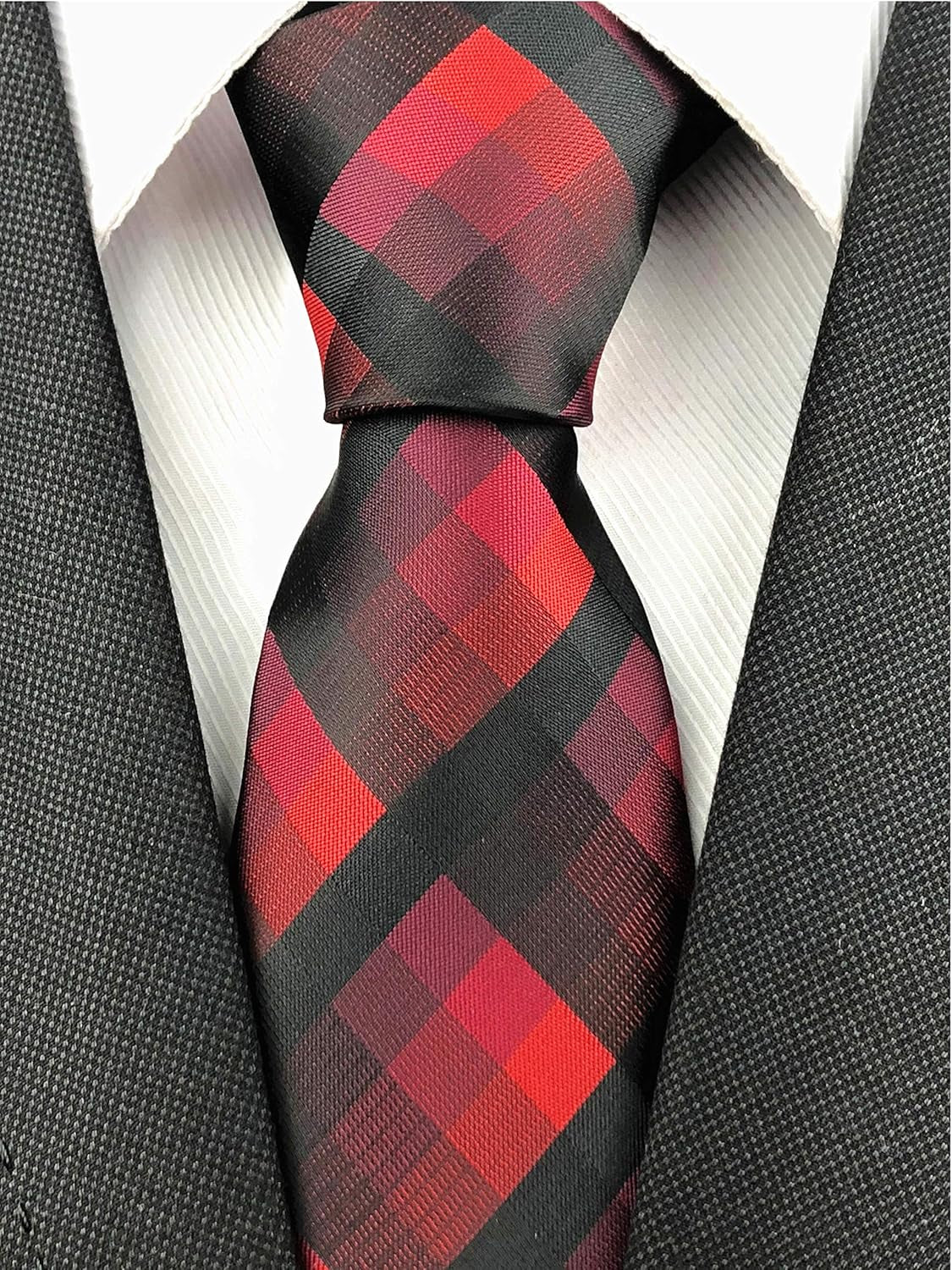 Men'S Classic Checks Dark Blue Grey Jacquard Woven Silk Tie Necktie