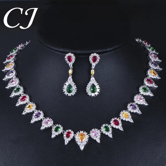 CANDICE White Gold Plating Sparkling Cubic Zirconia Choker Necklace Sets With Dangle Earrings Inlay Crystal Citrine Yellow Stone Evening Party Jewelry Set for Women