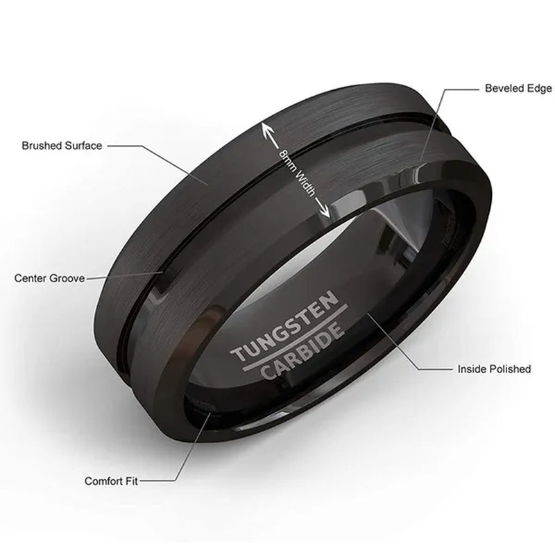 Fashion 8mm Black Tungsten Carbide Ring Gold Groove Matte Brushed Surface Beveled Edge Mens Wedding Band Comfort Fit