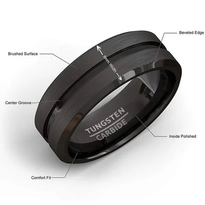 Fashion 8mm Black Tungsten Carbide Ring Gold Groove Matte Brushed Surface Beveled Edge Mens Wedding Band Comfort Fit