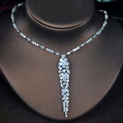 CANDICE Elegant CZ Big Bridal Jewelry Set for Women Red Cubic Zirconia Wedding Party Long Flower Drop Necklace Earrings WIth White Gold Plating