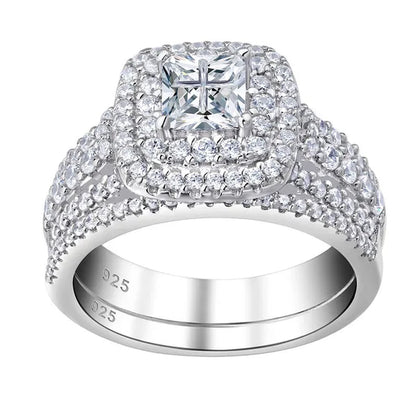 Newshe 925 Sterling Silver Princess Cross Halo Cubic Zirconia Wedding Ring Sets for Women Elegant Engagement Rings Sz 4-13