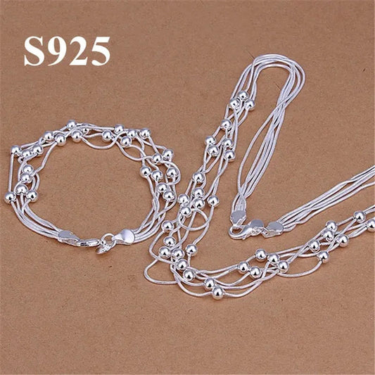 Women's charm 925 sterling Silver classic five chain beads Bracelets Elegant Necklace Bridal Wedding Jewelry Set