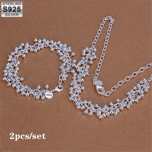 Hot Charm 925 Sterling Silver Bracelets Necklace Jewelry Set for Women Beautiful Fringe Line Frosted Beads Fashion Party Gifts